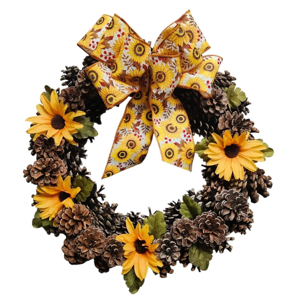 Handmade Sunflower & Black-eyed Susan Summer Fall Pinecone Wreath